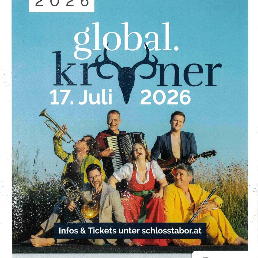Plakat für das global. kroner Event am 17. Juli 2026. Eine Band von Musikern spielt verschiedene Instrumente. Das Datum und die Website für Tickets sind angegeben.