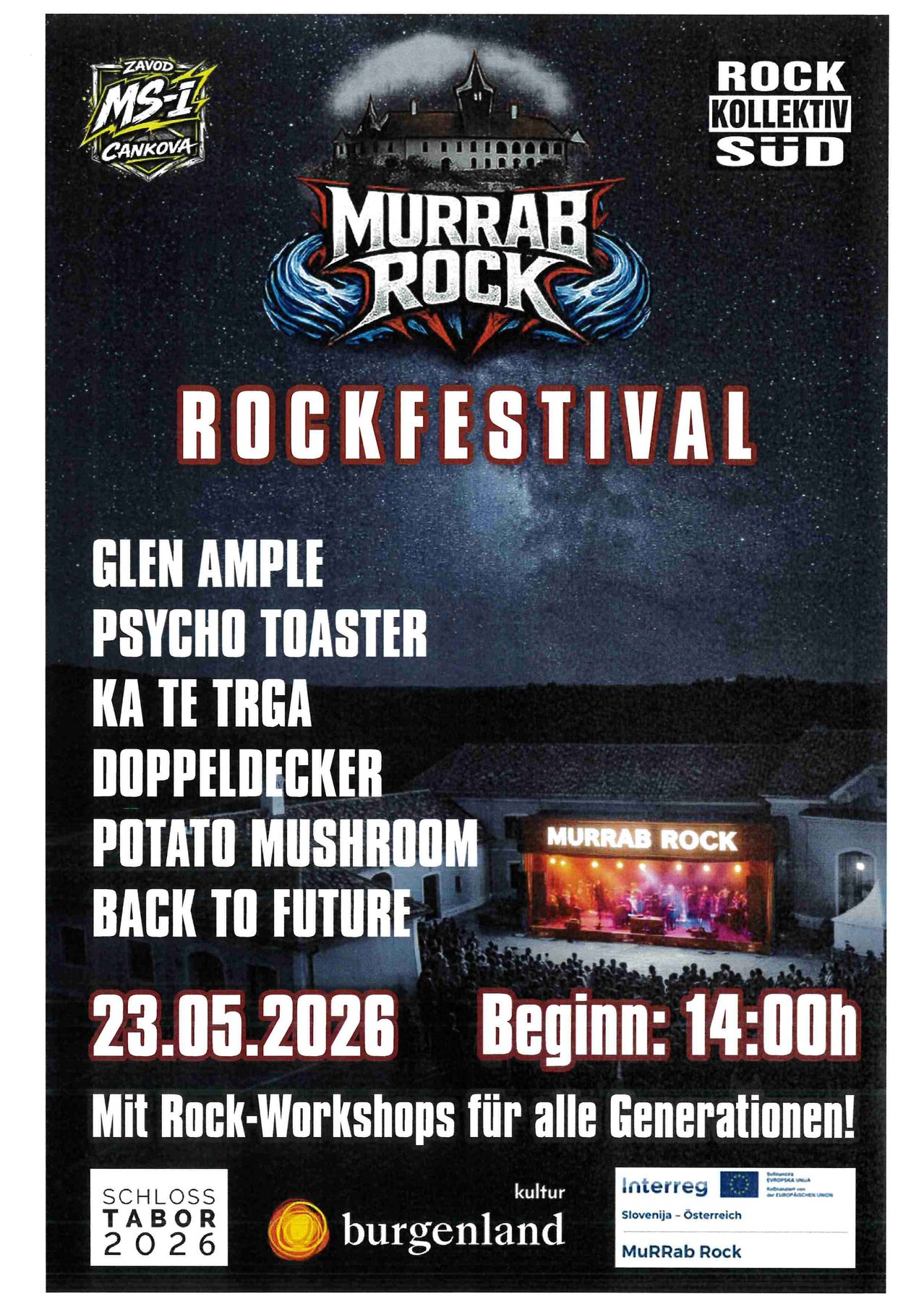 Murrab Rock Rockfestival am 23.05.2026. Bands: Glen Ample, Psycho Toaster, Ka Te Trga, Doppeldecker, Potato Mushroom, Back to Future. Beginn: 14:00 Uhr.