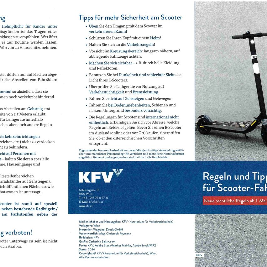 Das Dokument enthält Sicherheitstipps für das Rollerfahren, einschließlich des Tragens eines Helms, der Einhaltung von Verkehrsregeln und der Verwendung von reflektierenden Kleidungsstücken. Es wird auch empfohlen, vor der Nutzung die Bremsen und Lichter zu überprüfen. Der Roller ist für spezielle Straßen ausgelegt, und Benutzer sollten sich der Vorschriften in ihrer Region bewusst sein.