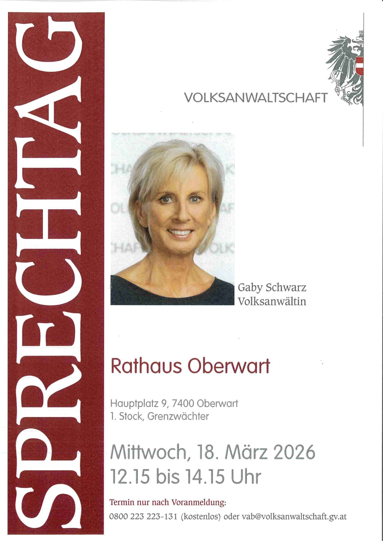 An advertisement for Rathaus Oberwart features Gaby Schwarz, a Volksanwältin, on Hauptplatz 9, 7400 Oberwart, 1st floor, Grenzwächter. The event is scheduled for Wednesday, March 18, 2026.