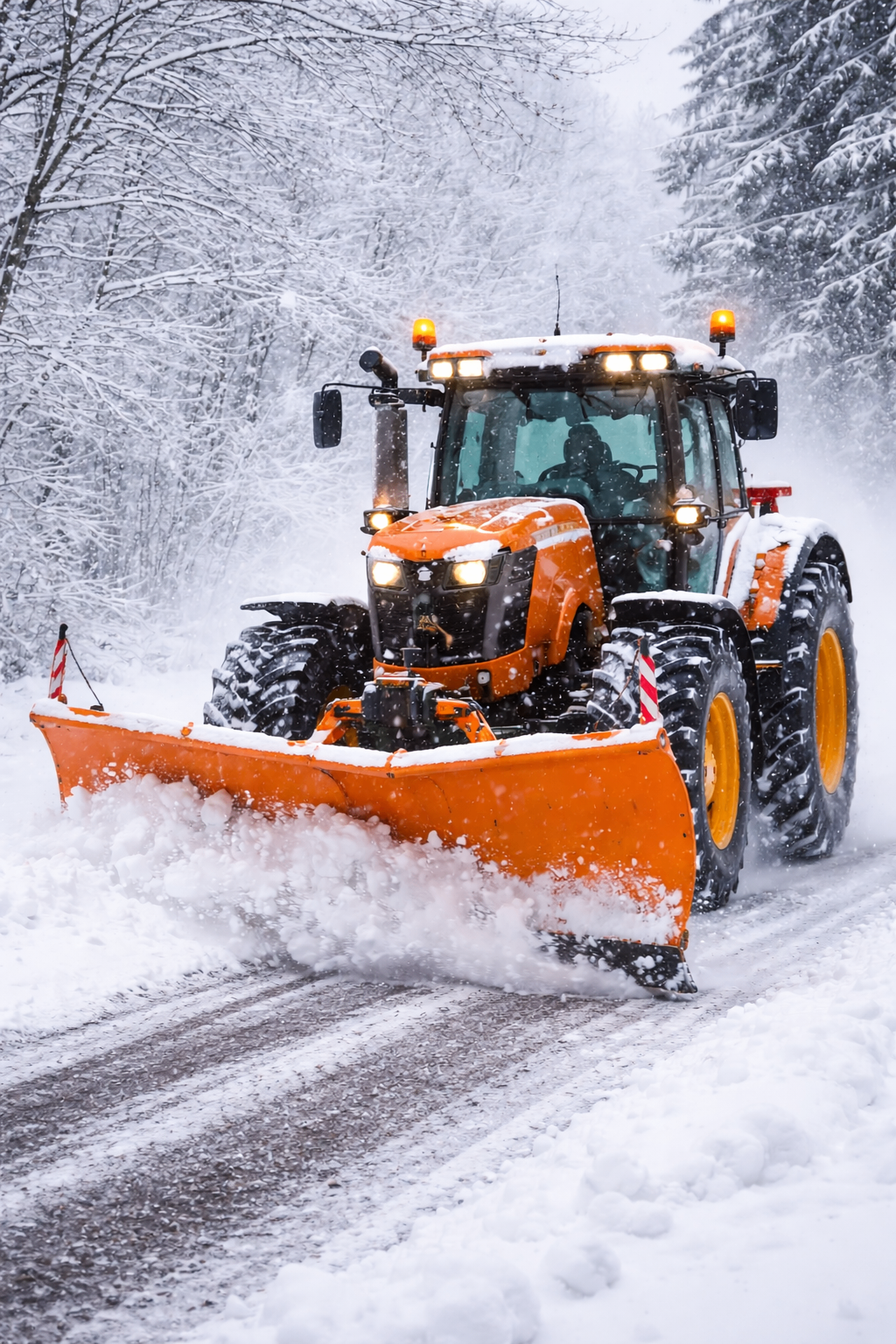 An orange tractor with a plow drives through a snowy landscape. It is plowing the snow off the road.