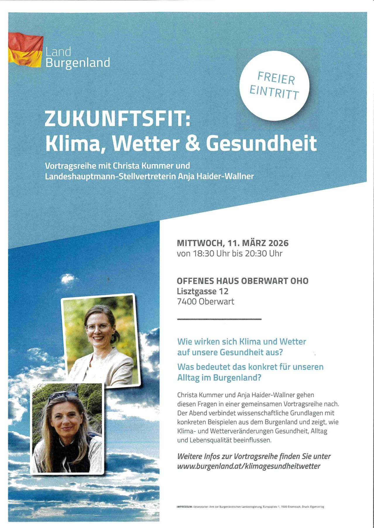 Poster for a lecture series on climate, weather, and health. The event features Christa Kummer and Anja Haider-Wallner. Date: March 11, 2026, 6:30-8:30 PM. Location: Offenes Haus Oberwart, Lisztgasse 12, 7400 Oberwart.