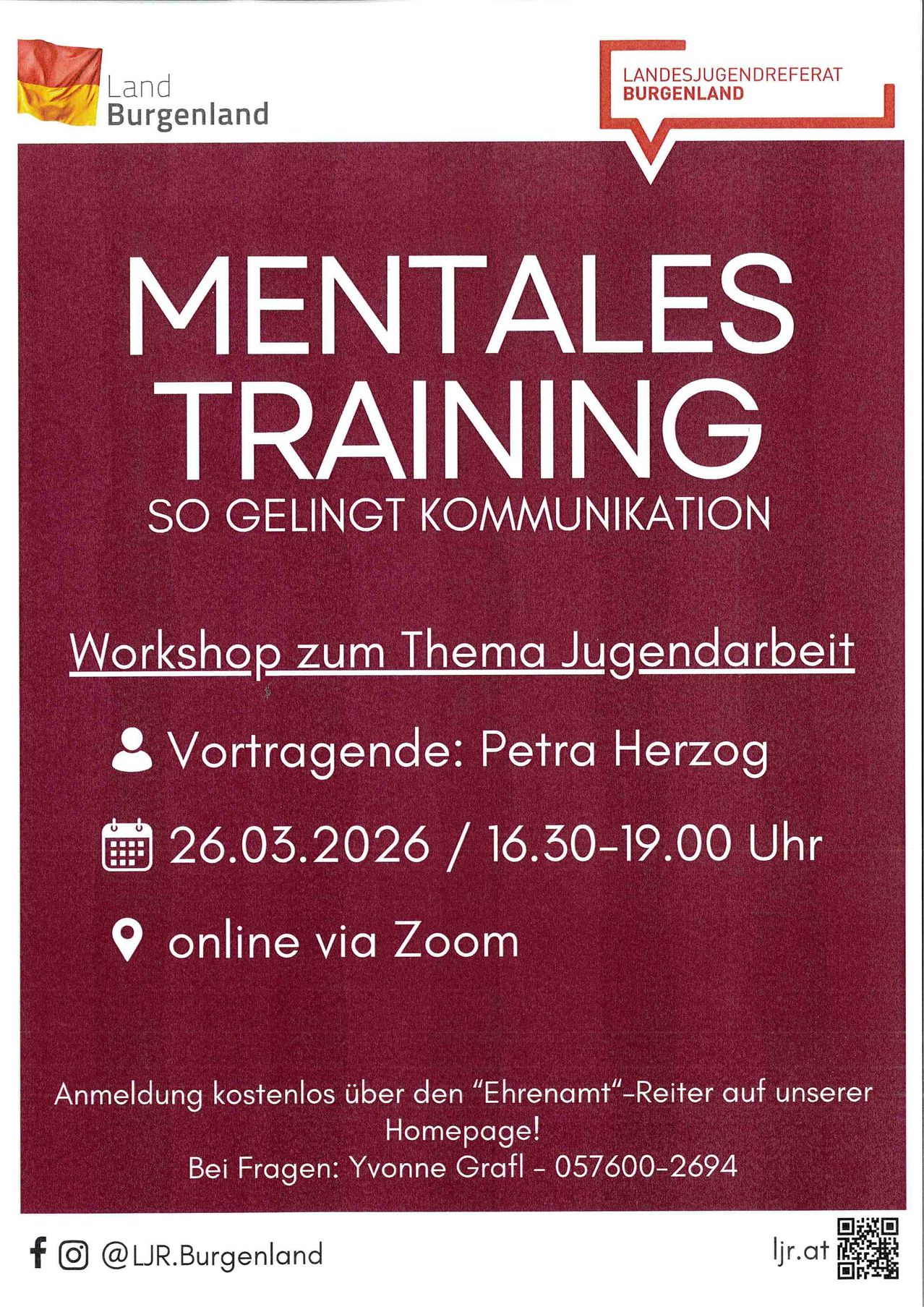 Poster for Mentales Training workshop on youth work, with date, time, and speaker details. The workshop is online via Zoom. Registration is free through the Ehrenamt Reiter on the website.