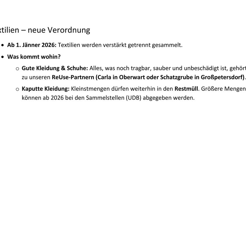 The image contains a text about textile collection regulations. Starting January 1, 2026, textiles will be collected separately. Good clothing and shoes can go to reuse partners like Carla or Schatzgrube. Smaller amounts can still be thrown in the waste bin.