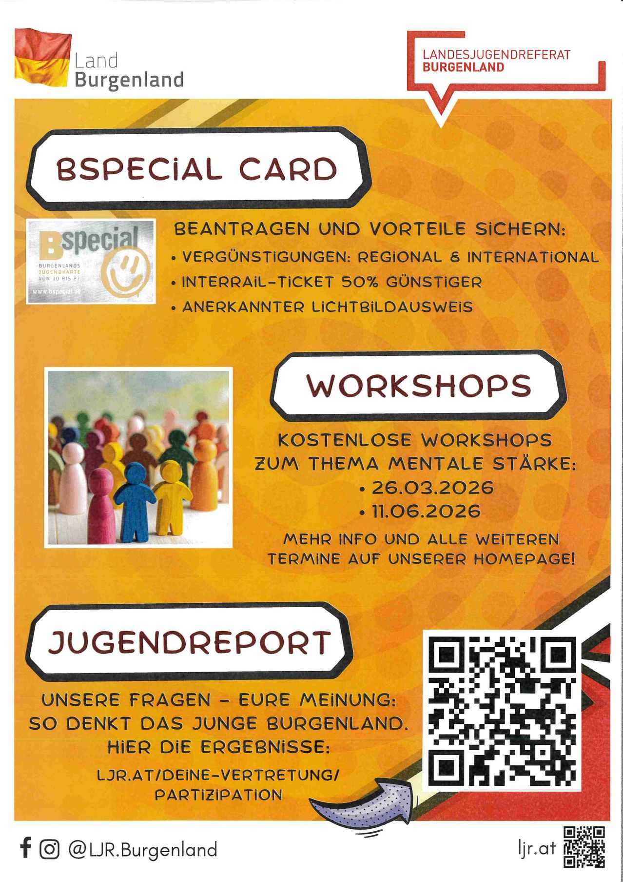 An orange poster advertises BSpecial Card benefits: regional and international discounts, 50% off InterRail tickets, and recognized light image display. Free workshops on mental strength are scheduled for March 26 and June 11, 2026. A QR code leads to more information.