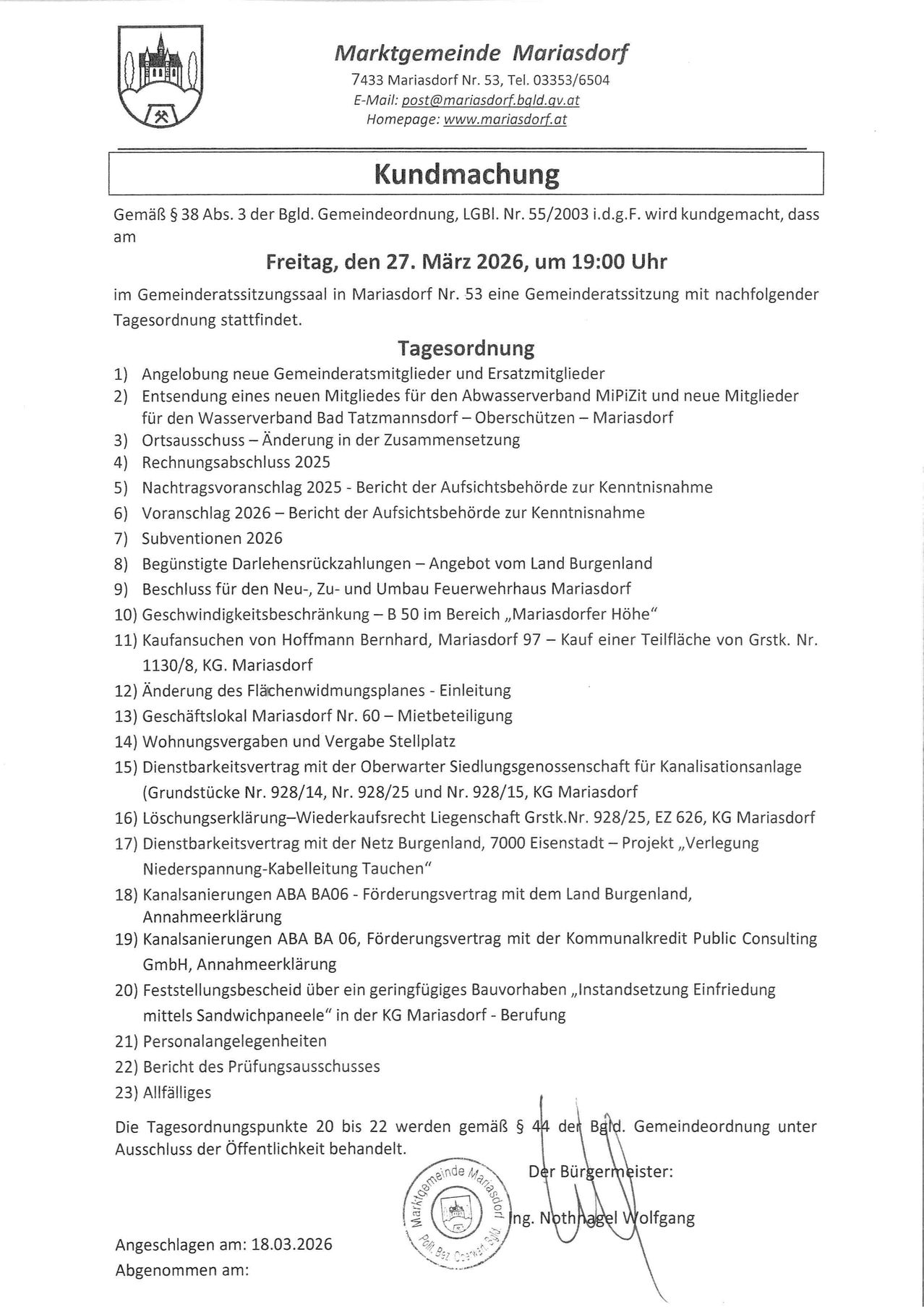 Ein Treffen ist für Freitag, den 27. März 2026 um 19:00 im Rathaus von Mariasdorf angesetzt, einschließlich einer Gemeinderatssitzung und einer Tagesordnung. Punkte umfassen die Ernennung neuer Gemeinderäte, die Genehmigung neuer Wasserverbandsmitglieder und andere Punkte.