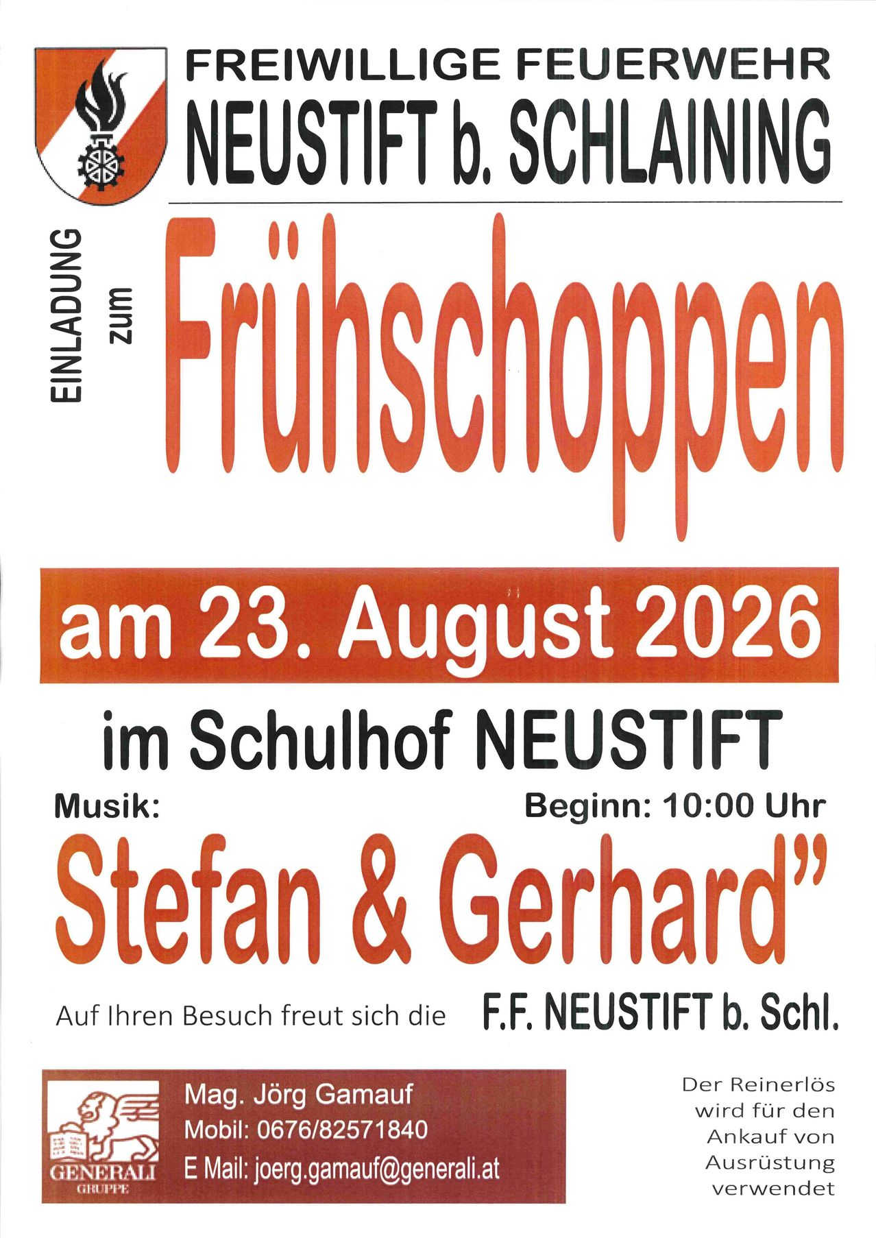 Plakat für Fruhschopppen-Veranstaltung am 23. August 2026 im Schulhof Neustift. Musik von Stefan & Gerhard. Beginn: 10:00 Uhr.