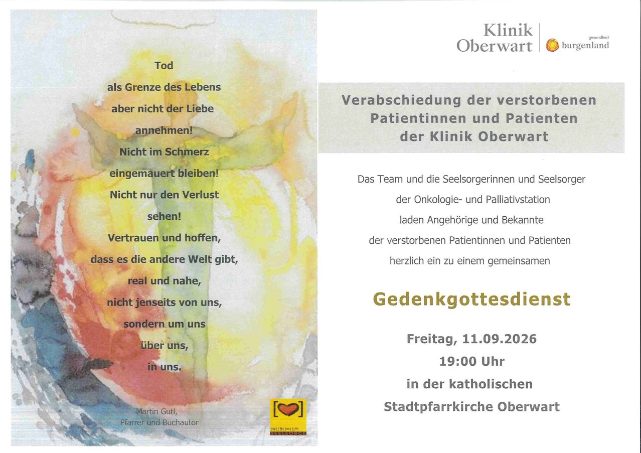 Ein Gedenkgottesdienst-Poster für die Klinik Oberwart mit einem Aquarellbild und einem Zitat über Leben und Liebe, sowie Angaben zum Datum, zur Zeit und zum Ort des Gottesdienstes.