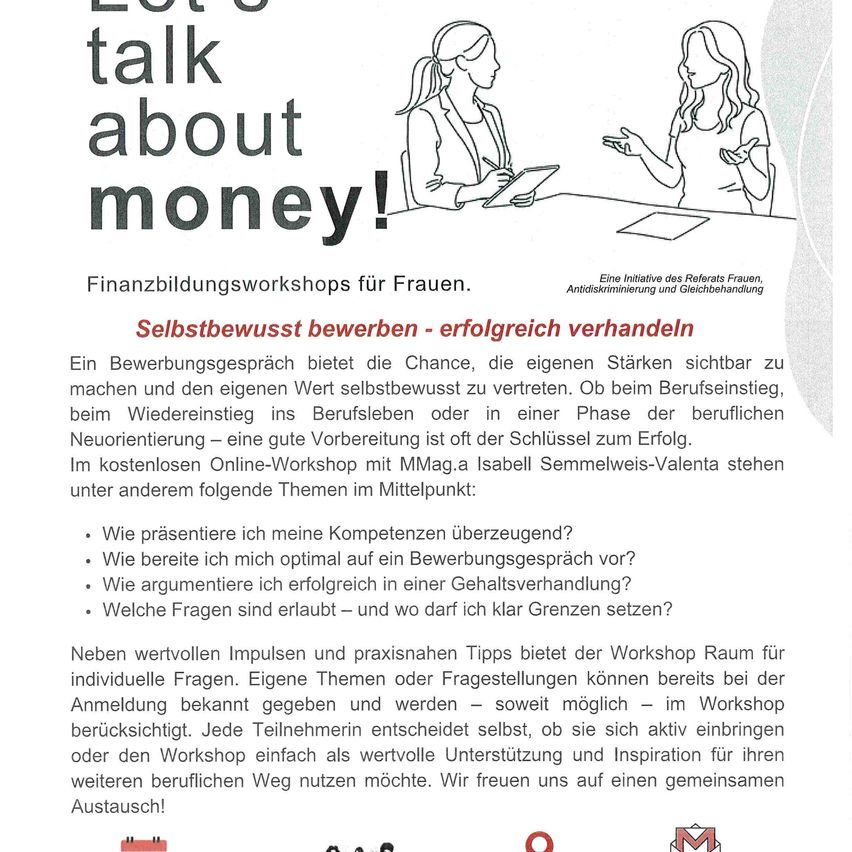 Eine Anzeige für einen kostenlosen Online-Workshop für Frauen zu Bewerbungsgesprächen, mit zwei Frauen in Diskussion. Der Workshop behandelt Selbstbewusstsein, Stärken präsentieren und Gehaltsverhandlungen.