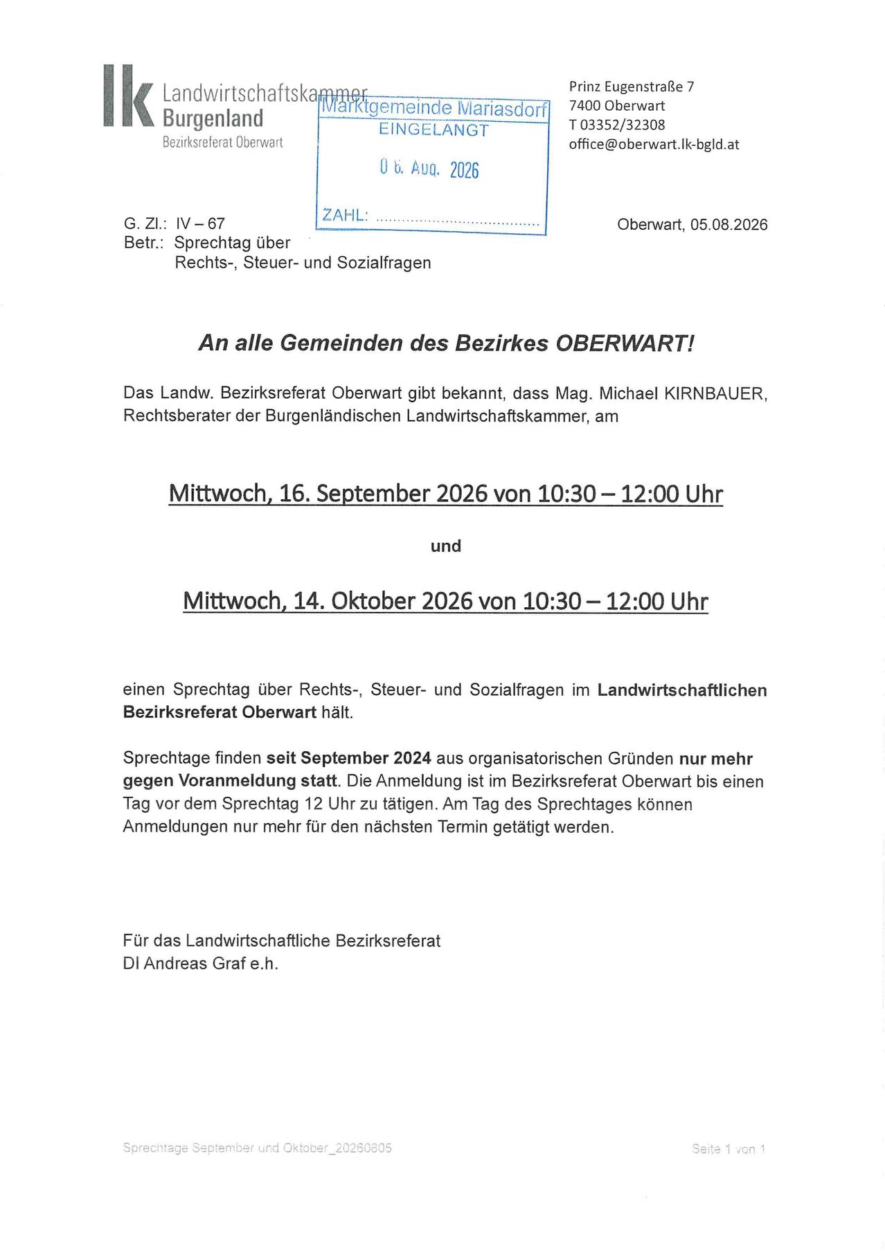 Ein Plakat für eine Sprechstunde zu Rechts-, Steuer- und Sozialfragen im landwirtschaftlichen Bezirksreferat Oberwart. Die Veranstaltung ist für zwei Termine geplant: 16. September 2026 und 14. Oktober 2026, jeweils von 10:30 Uhr bis 12:00 Uhr. Die Anmeldung ist bis Mittag des Vortages erforderlich.