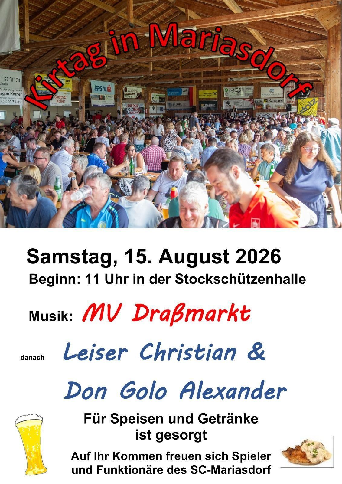 Eine große Menschenmenge versammelt sich in einer Halle für eine Veranstaltung. Einige sitzen an Tischen, andere stehen. Die Veranstaltung ist für Samstag, den 15. August 2026, um 11 Uhr in der Schützenhalle geplant.