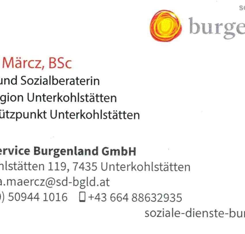 Visitenkarte für Marcz, BSC, Sozialarbeiter bei Unterkohlstatten, Burgenland GmbH. Die Karte enthält Kontaktdaten wie E-Mail und Telefonnummer.