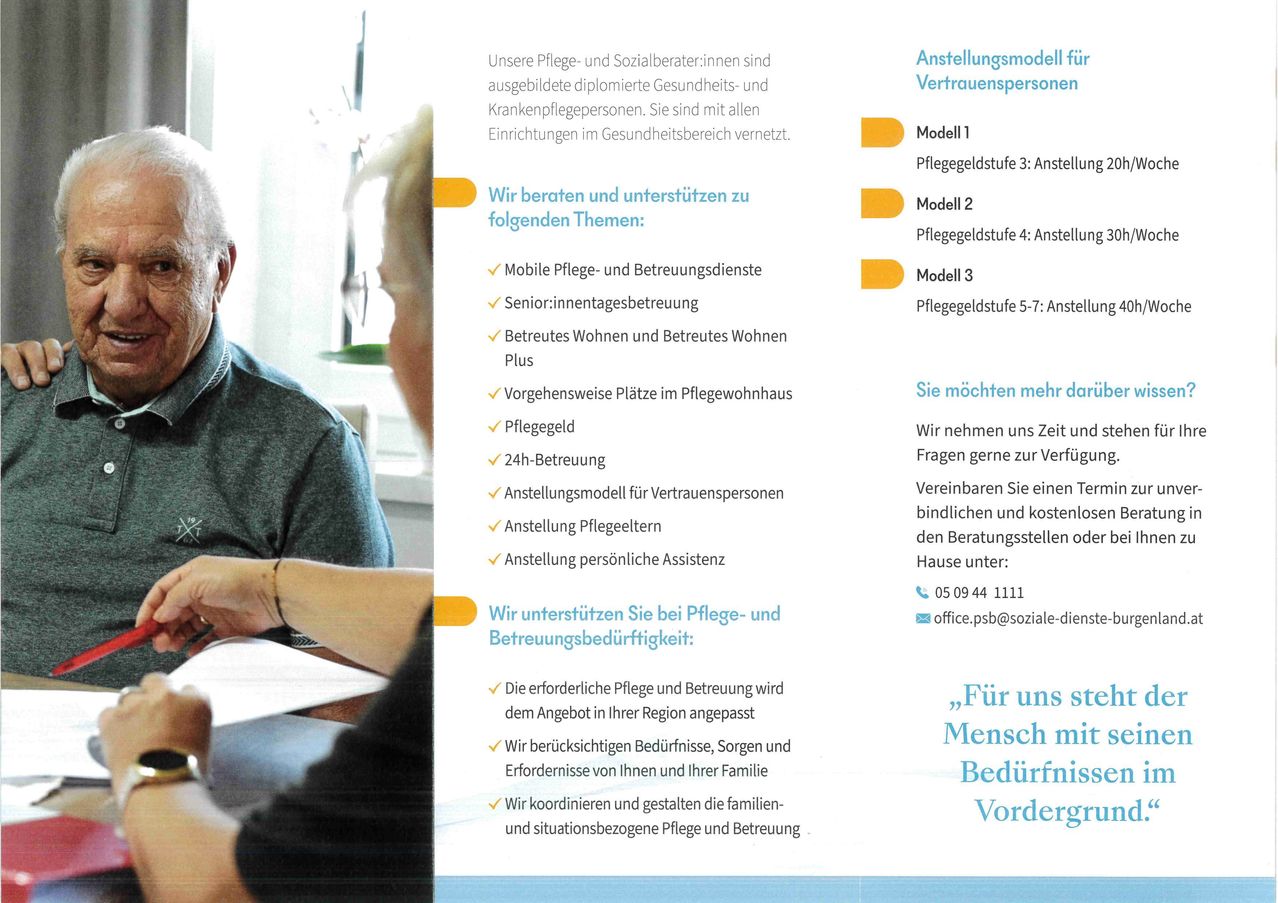 Ein Bild zeigt eine Person, die sich mit einem Betreuer berät, mit Text über Pflege- und Unterstützungsdienste für ältere Menschen. Der Text enthält Informationen über verschiedene Pflegemodelle und angebotene Dienstleistungen.