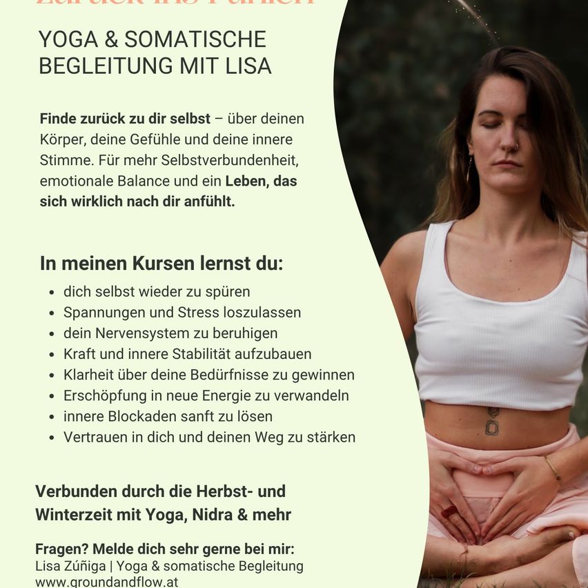 Eine Frau in einer Yoga-Pose mit einem gelassenen Gesichtsausdruck, umgeben von Text über Yoga und somatische Begleitung mit Lisa. Der Text hebt Vorteile wie Stressabbau, emotionales Gleichgewicht und Selbstverbindung hervor.