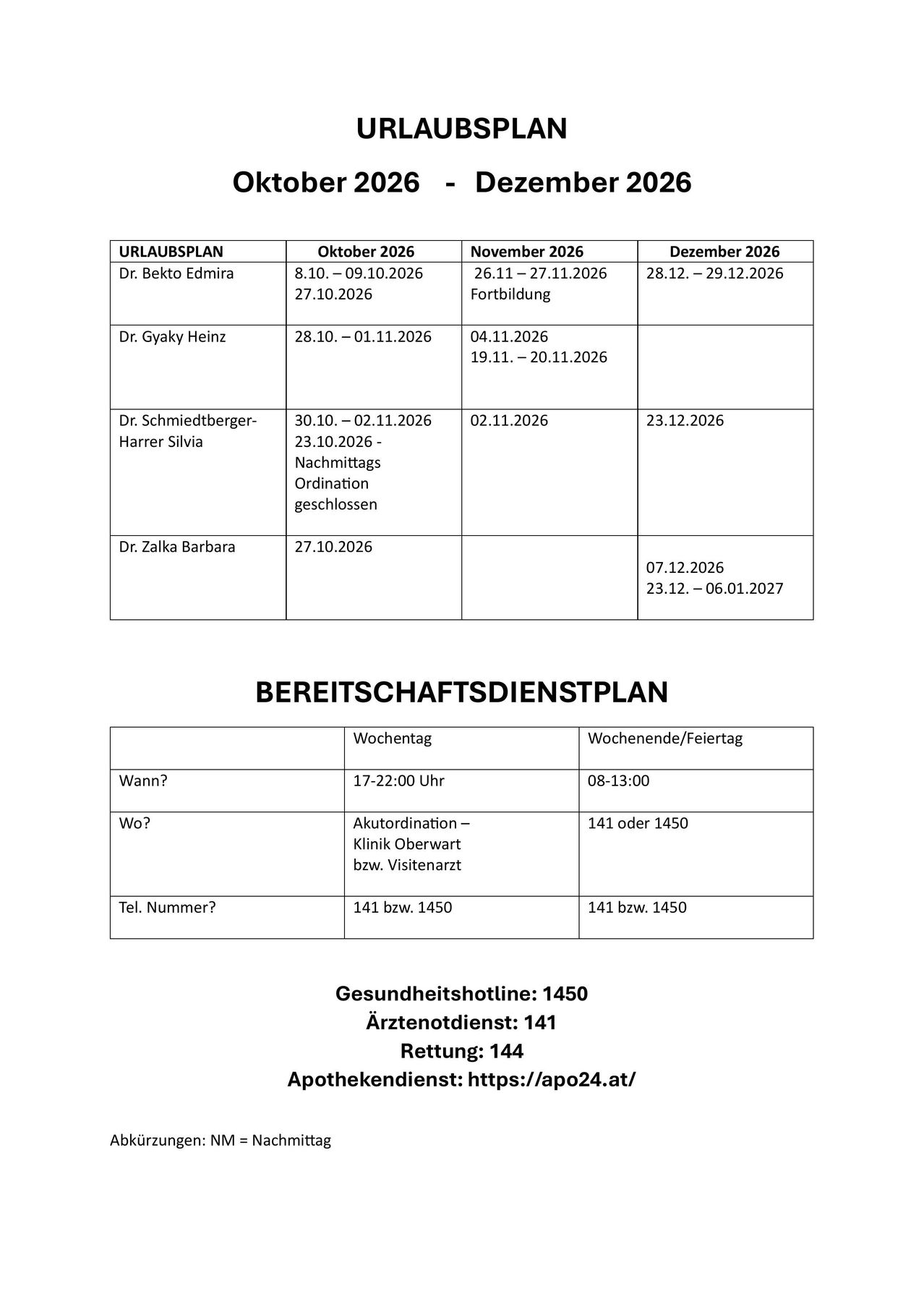 Eine Tabelle, die den Verfügbarkeitsplan für mehrere Ärzte im Oktober, November und Dezember 2026 zeigt. Für jeden Arzt sind bestimmte Termine für seine Verfügbarkeit aufgeführt. Unter der Tabelle befindet sich ein Zeitplan für einen Gesundheitsdienst mit Wochentags- und Wochenend-/Feiertagsstunden. Kontaktinformationen für den Dienst sind ebenfalls angegeben.