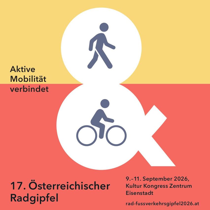 Plakat für den 17. Österreichischen Radgipfel mit einer gehenden und einer radfahrenden Figur vor einem lebhaften rot-gelben Hintergrund. Die Veranstaltung findet vom 9. bis 11. September 2026 im Kultur Kongress Zentrum in Eisenstadt statt.