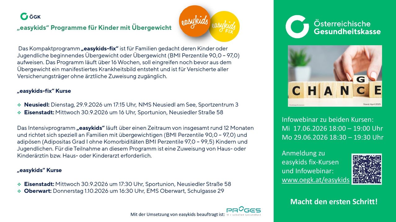 Easykids-fix ist für Familien gedacht, deren Kinder oder Übergewicht haben oder gefährdet sind (BMI Perzentile 90,0 - 97,0) älter als 16 Wochen. Es soll eingreifen, bevor ein ernsthaftes Gesundheitsproblem entsteht, und ist für Versicherte verfügbar. Termine und Uhrzeiten für die Sitzungen sind aufgeführt. Easykids läuft insgesamt 12 Monate für Familien mit übergewichtigen (BMI Perzentile 90,0 - 97,0) und Kindern ohne Komorbiditäten (BMI Perzentile 97,0 - 99,5) Kindern. Die Teilnahme am Programm erfordert eine Überweisung vom Kinderarzt.