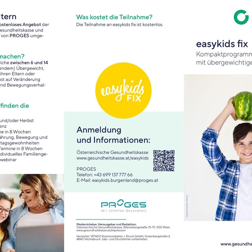 Ein Flyer mit Informationen über easykids fix, ein Programm für übergewichtige Kinder im Alter von 6 bis 14 Jahren. Der Flyer zeigt ein lächelndes Kind, das eine Wassermelone hält, und einen QR-Code für die Anmeldung. Es enthält Details zu den Kosten des Programms und Kontaktinformationen.