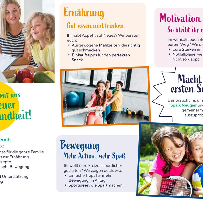 Eine Mutter und Tochter lächeln in die Kamera, umgeben von Essen. Eine Frau und Kinder spielen auf dem Boden. Ein Mädchen und Junge lächeln mit Tennisschlägern.