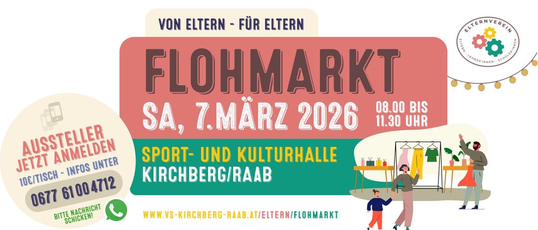 Eine Werbung für einen Flohmarkt von Eltern für Eltern. Er findet am Samstag, 7. März 2026 statt.
