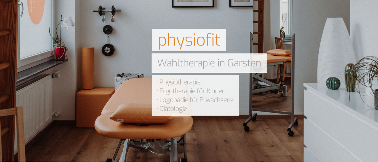 Ein Website-Banner für Physiofit, mit Logo, Physiotherapie-Bild und Navigationsleiste. Darunter steht der Slogan 'Wahltherapie in Garsten' mit aufgelisteten Dienstleistungen.