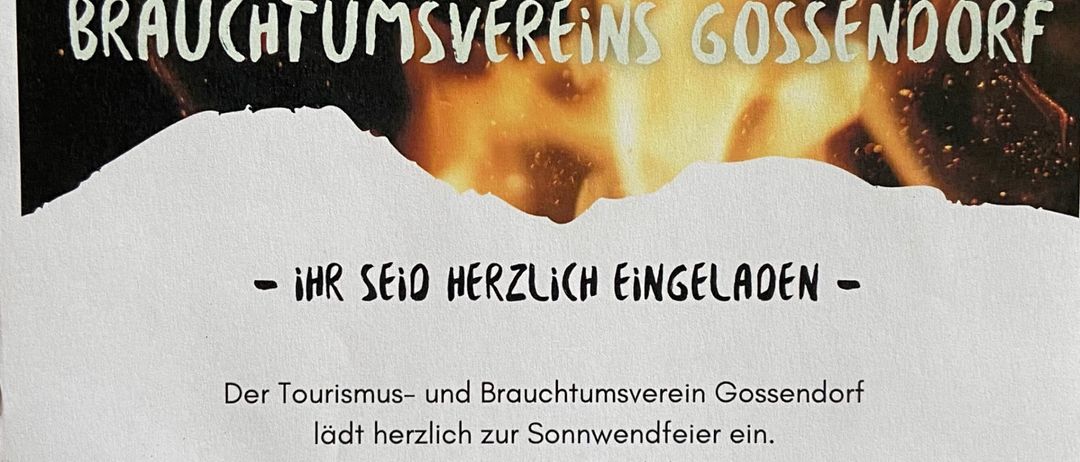 Plakat für das jährliche Sommersonnenwende-Feuerfest in Gossendorf, das die Teilnehmer zu einer musikalischen Feier einlädt. Geplant für den 21. Juni 2025 um 19:30 Uhr, findet die Veranstaltung im Garten des Kulmberghofs statt.