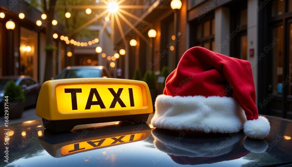 Ein Taxi mit einem Weihnachtsmannhut auf dem Dach und einem gelben Licht auf dem Dach. Es ist vor einem Gebäude geparkt.