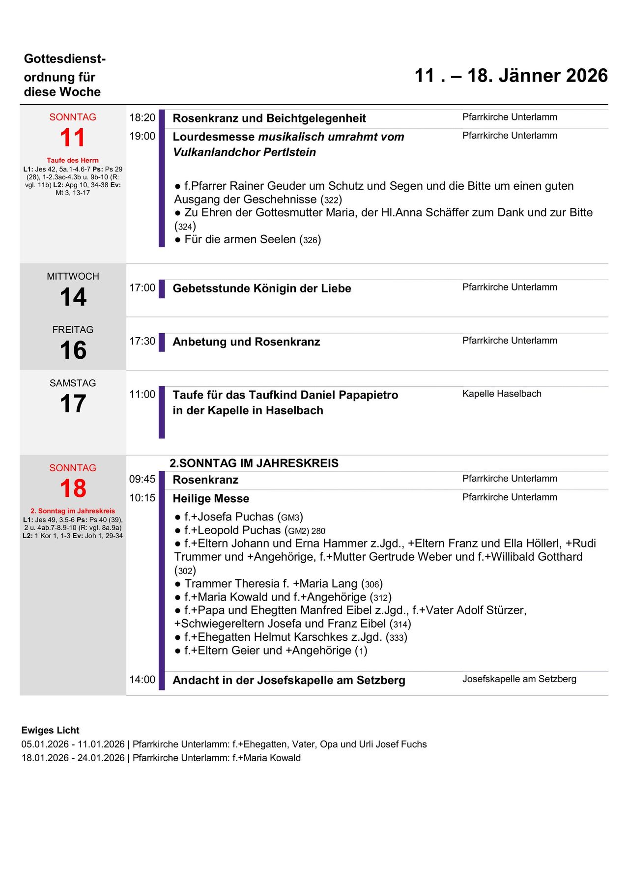 Das Bild ist ein Zeitplan für Gottesdienste. Es enthält Details verschiedener Messen, Gebete und besondere Gottesdienste in der Kirche, einschließlich Zeiten, Orte und Teilnehmer. Der Zeitplan läuft von Mittwoch bis Sonntag.