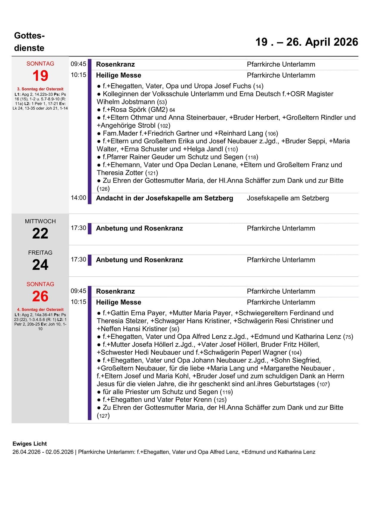 The image contains a schedule for religious services in a church, with dates, times, and names of individuals who will be praying or participating. Services include prayer, readings, and songs. There are also mentions of specific people to be honored during the services.