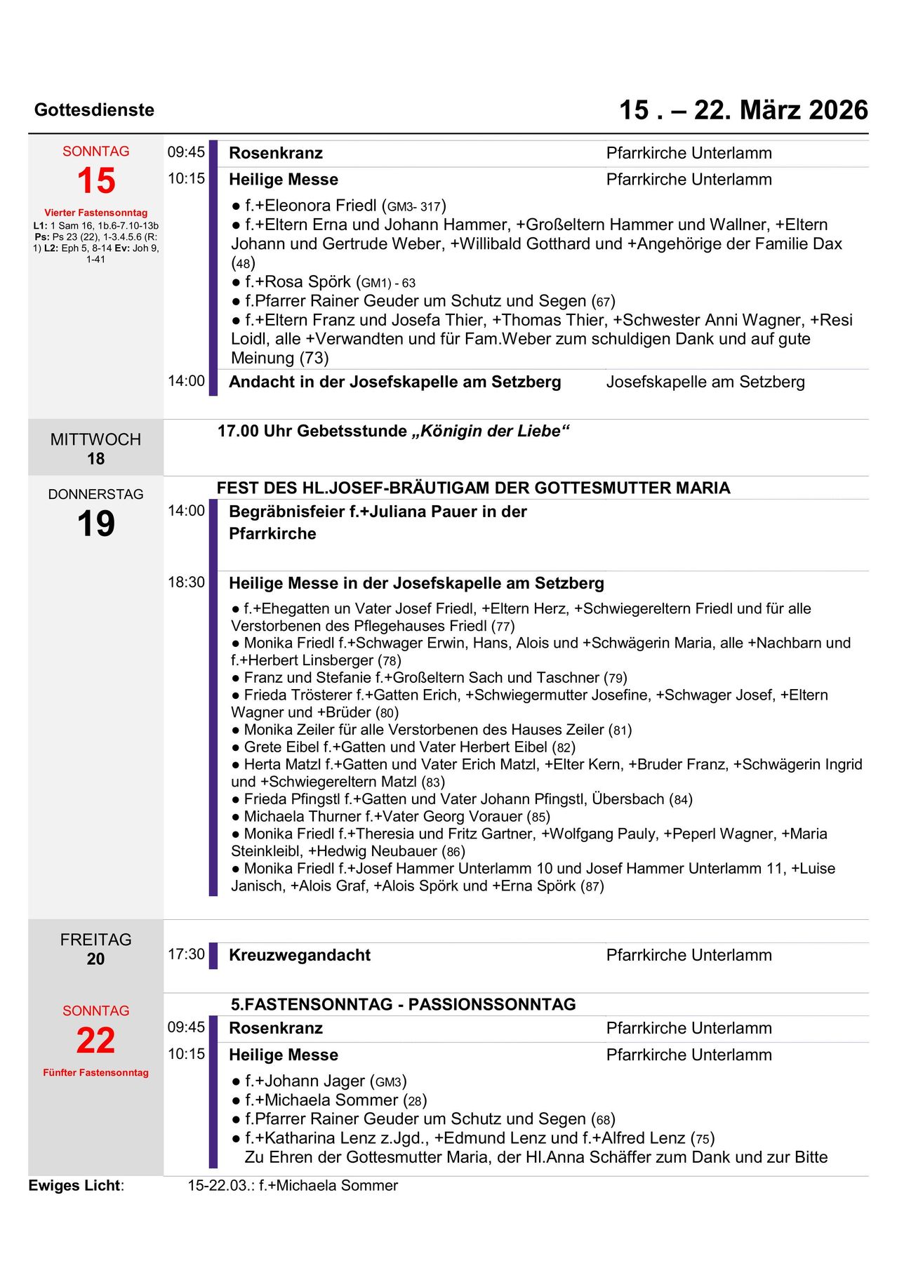 Ein Zeitplan für religiöse Veranstaltungen an verschiedenen Tagen, einschließlich Details zu Gebeten, Messen und bestimmten Teilnehmern. Es beinhaltet eine Gedenkmesse am Freitag, einen Festtag am Donnerstag und eine Trauermesse am Sonntag.