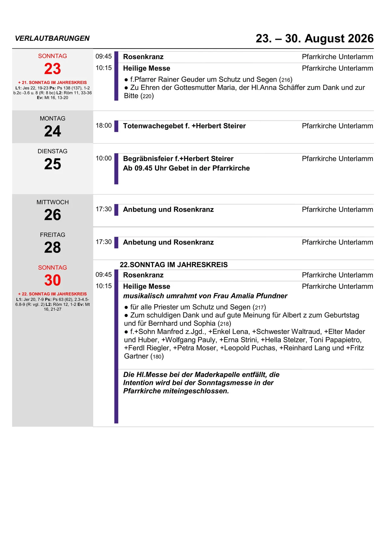 Ein Zeitplan für religiöse Veranstaltungen in einer Kirche, einschließlich Daten, Zeiten und spezifischer Ereignisse wie Beerdigung, Begräbnis und Messen. Der Zeitplan ist sowohl auf Englisch als auch auf Deutsch.