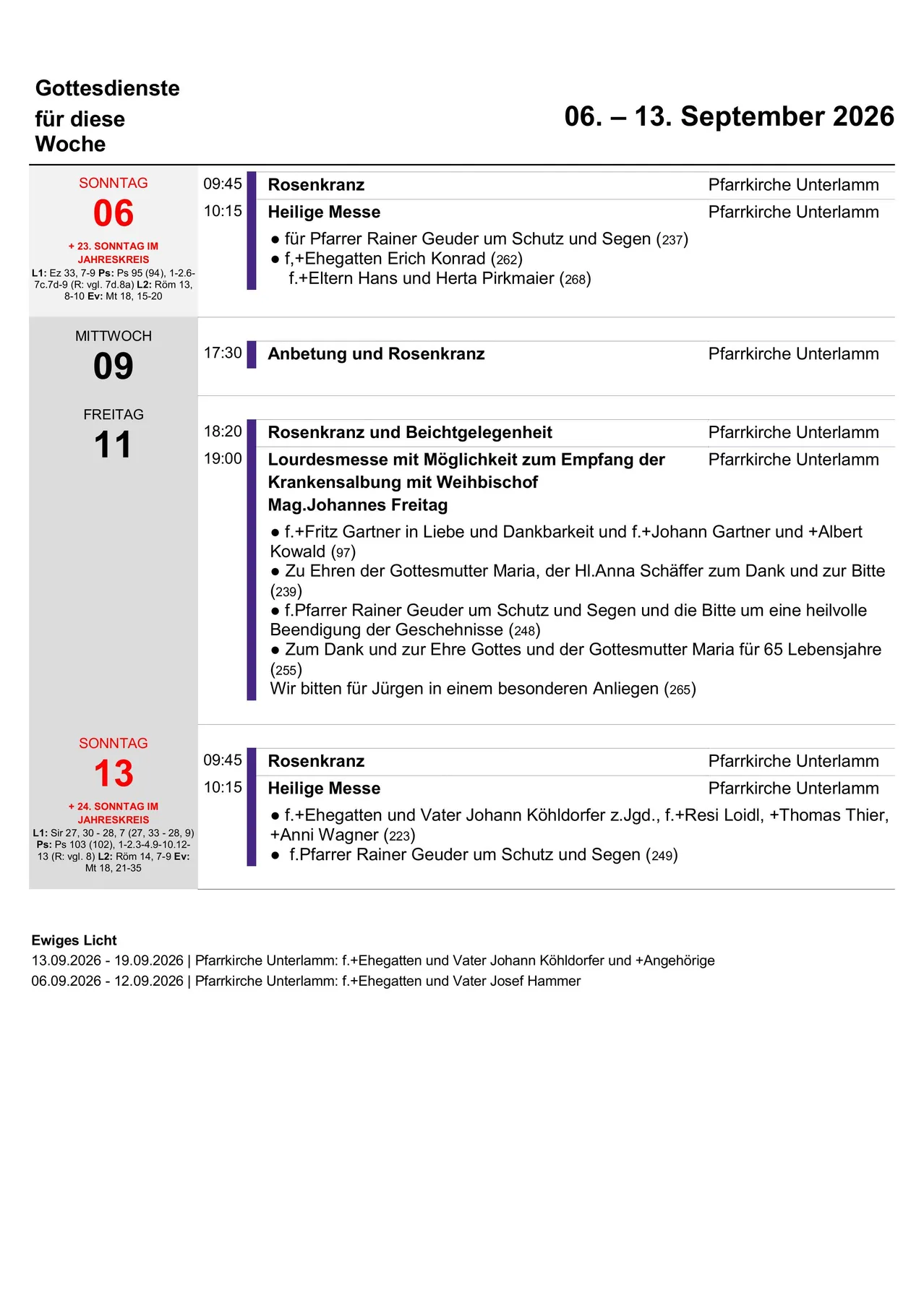 Ein Zeitplan für heilige Messen und Veranstaltungen in einer Kirche, einschließlich Messen, Segnungen und spezielle Gebete. Der Zeitplan listet Daten, Zeiten und spezifische Details jeder Veranstaltung auf.