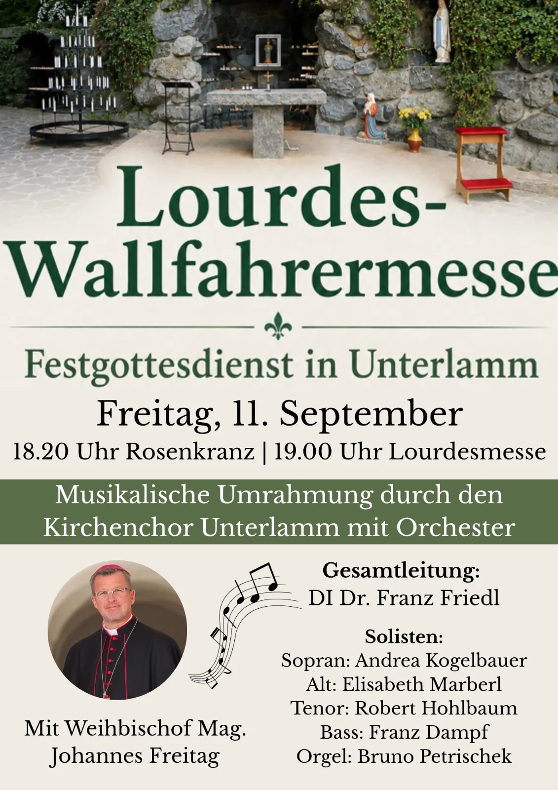 Plakat für einen Gottesdienst in Lourdes-Wallfahrtermesse am 11. September mit einem Priester, Noten und Veranstaltungsdetails.