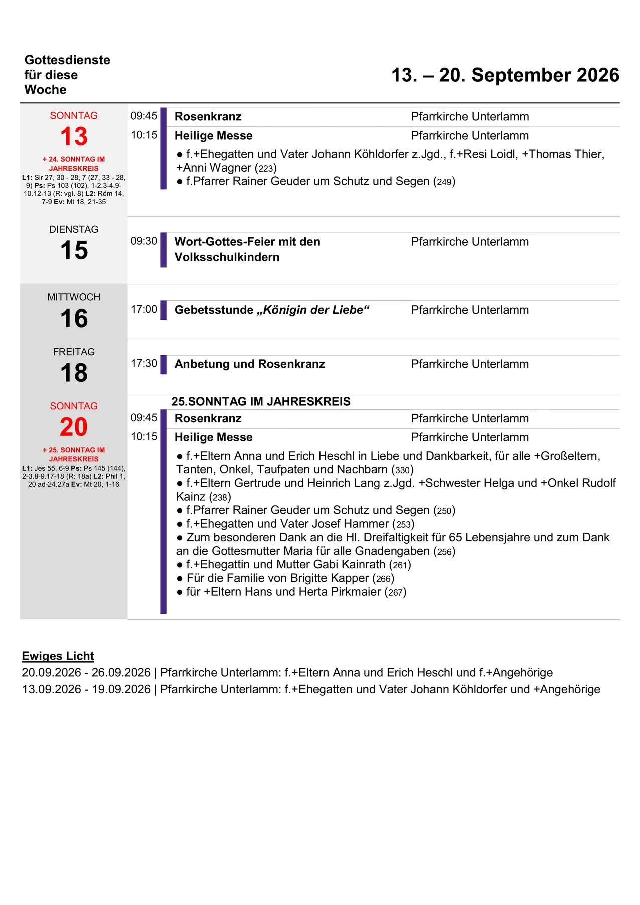 Eine Tabelle mit dem wöchentlichen Zeitplan für religiöse Messen, einschließlich Details zu Messen, Veranstaltungen und Teilnehmern.