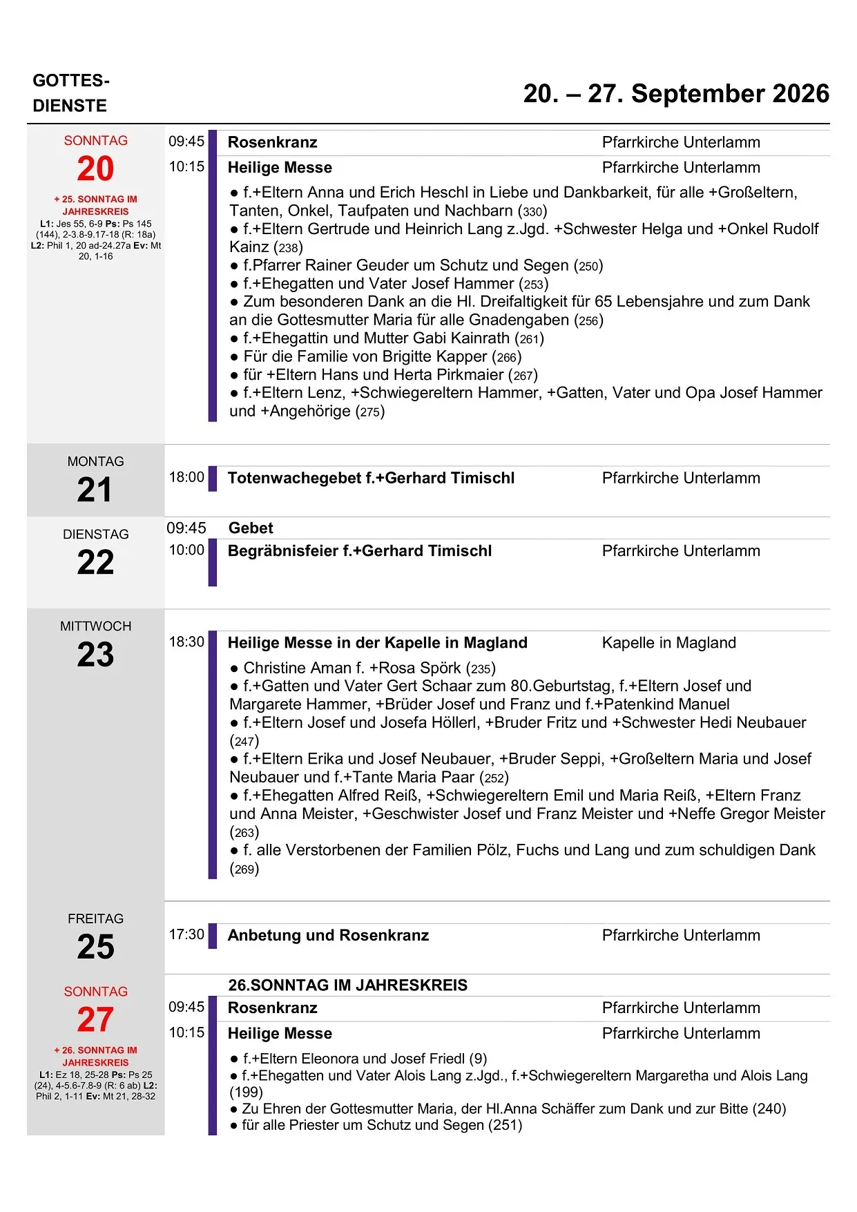 Ein Dokument mit einer Liste von Namen und Daten, möglicherweise ein Kirchenbulletin oder ein Zeitplan. Die Namen werden von Initialen und Zahlen gefolgt, und die Daten sind in einem Rasterformat aufgeführt. Der Text ist auf Deutsch.
