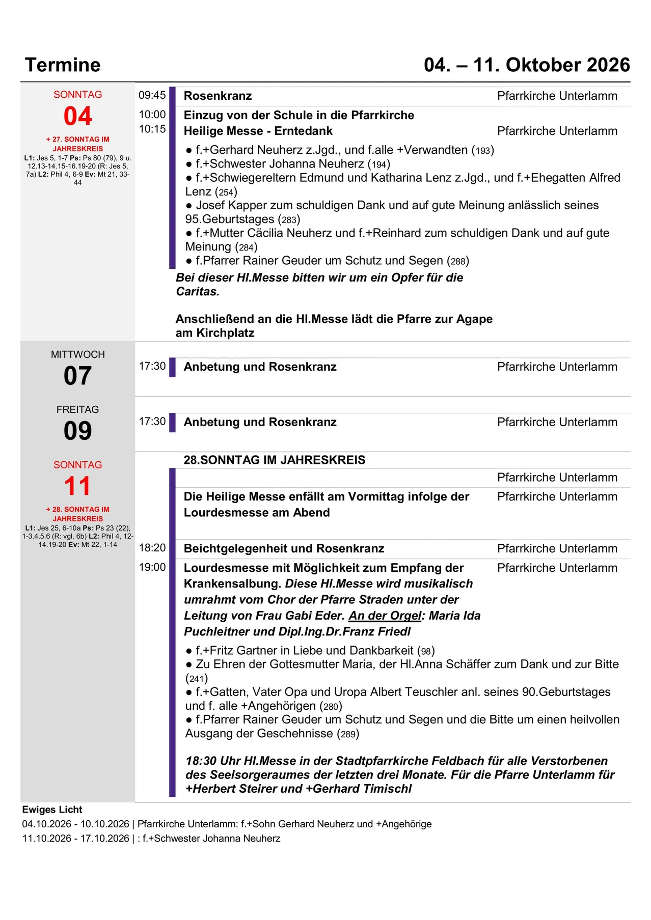 Ein Dokument mit einem Zeitplan für religiöse Veranstaltungen, einschließlich Daten, Zeiten und Namen der beteiligten Personen.