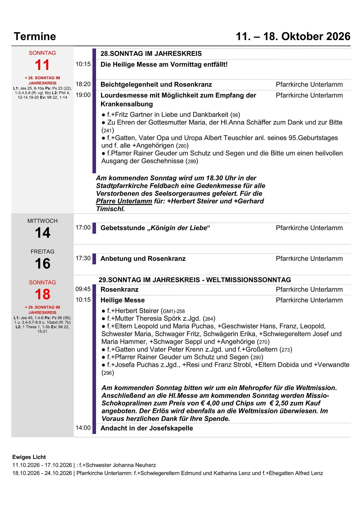 Ein Dokument mit einem Zeitplan für religiöse Veranstaltungen und Messen vom 11. bis 18. Oktober 2026.