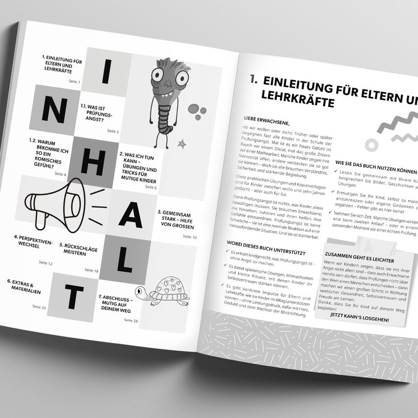 Ein Buch mit dem Titel 'Einleitung für Eltern und Lehrkräfte' mit verschiedenen Seiten, die Alphabet-Rätsel, Illustrationen und Bildungsinhalte zeigen.