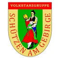 Ein Logo mit einem tanzenden Mann und einer Frau, umgeben von dem Text 'VOLKSTANZGRUPPE SCHUTZEN AM GEBIRGE'.