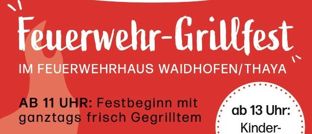 Ein Plakat für das Feuerwehr-Grillfest am 8. August 2025. Es zeigt gegrilltes Fleisch auf einem Grill mit dem Namen und Datum der Veranstaltung. Das Plakat lädt Besucher ein und enthält einen Zeitplan für den Tag.