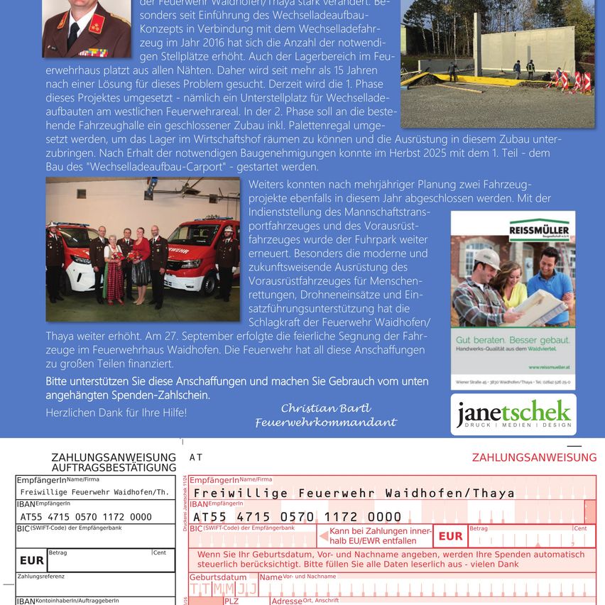 Ein Bild zeigt Text über die Beschaffung von Fahrzeugen für die Feuerwehr, einschließlich eines Fotos von einer Feuerwache mit Fahrzeugen und Personal. Eine Tabelle listet Zahlungsanweisungen auf, einschließlich IBAN- und BIC-Codes.