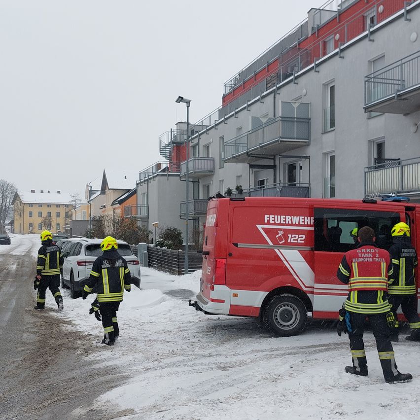 Feuerwehrleute in gelben und schwarzen Uniformen sind auf einer verschneiten Straße, mit einem roten Feuerwehrwagen in der Nähe. Ein Apartmentgebäude mit Balkonen ist im Hintergrund.