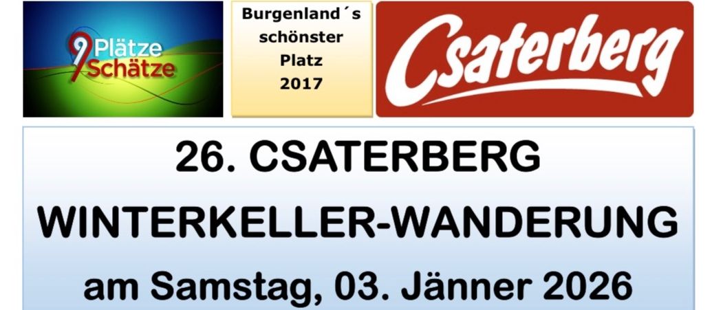 Der Plakat wirbt für eine Winterkellerwanderung am 3. Januar 2026. Es zeigt ein verschneites Haus, drei Verpflegungsstationen und warme Mahlzeiten. Der Start ist in der Sportkantinen ab 9:00 Uhr.