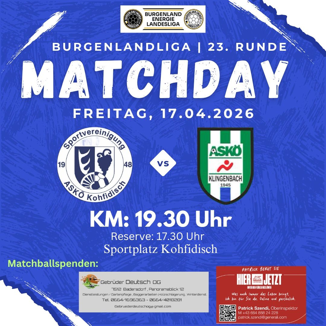 Poster for the 23rd round of the Burgenlandliga. It features matchday details, teams, and matchball giveaways. Scheduled for Friday, April 17, 2026, at 7:30 PM.