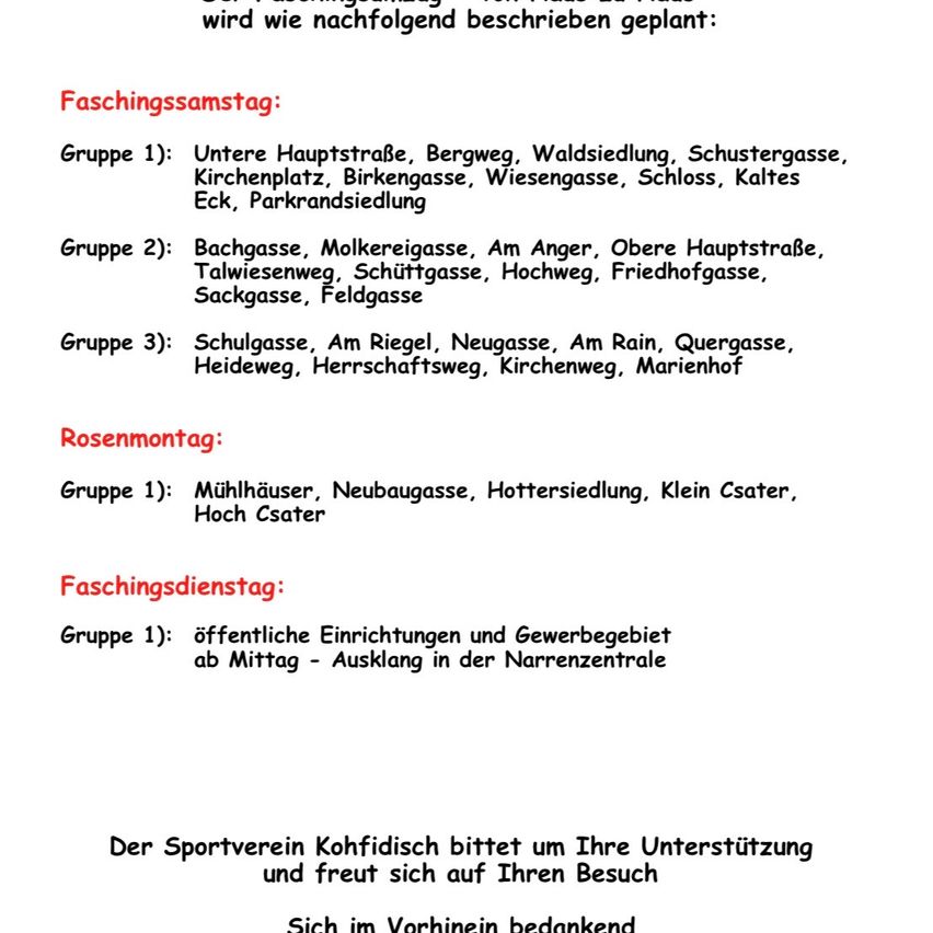 The image contains a schedule for a local event, including three groups of streets for collection on different days, a specific location for collection on Rosenmontag, and a call for support from a sports club.