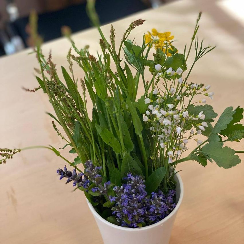 Ein weißer Topf mit Wildblumen-Arrangement, einschließlich Lavendel und gelben Blumen auf einem Holztisch.