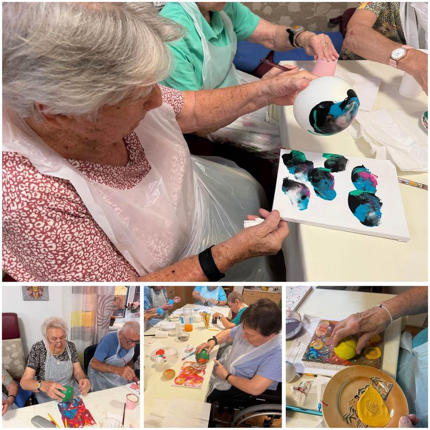 A collage of elderly individuals engaged in a painting activity. One woman is painting on a balloon, another is painting on a plate, and others are seated around a table with various painting materials.