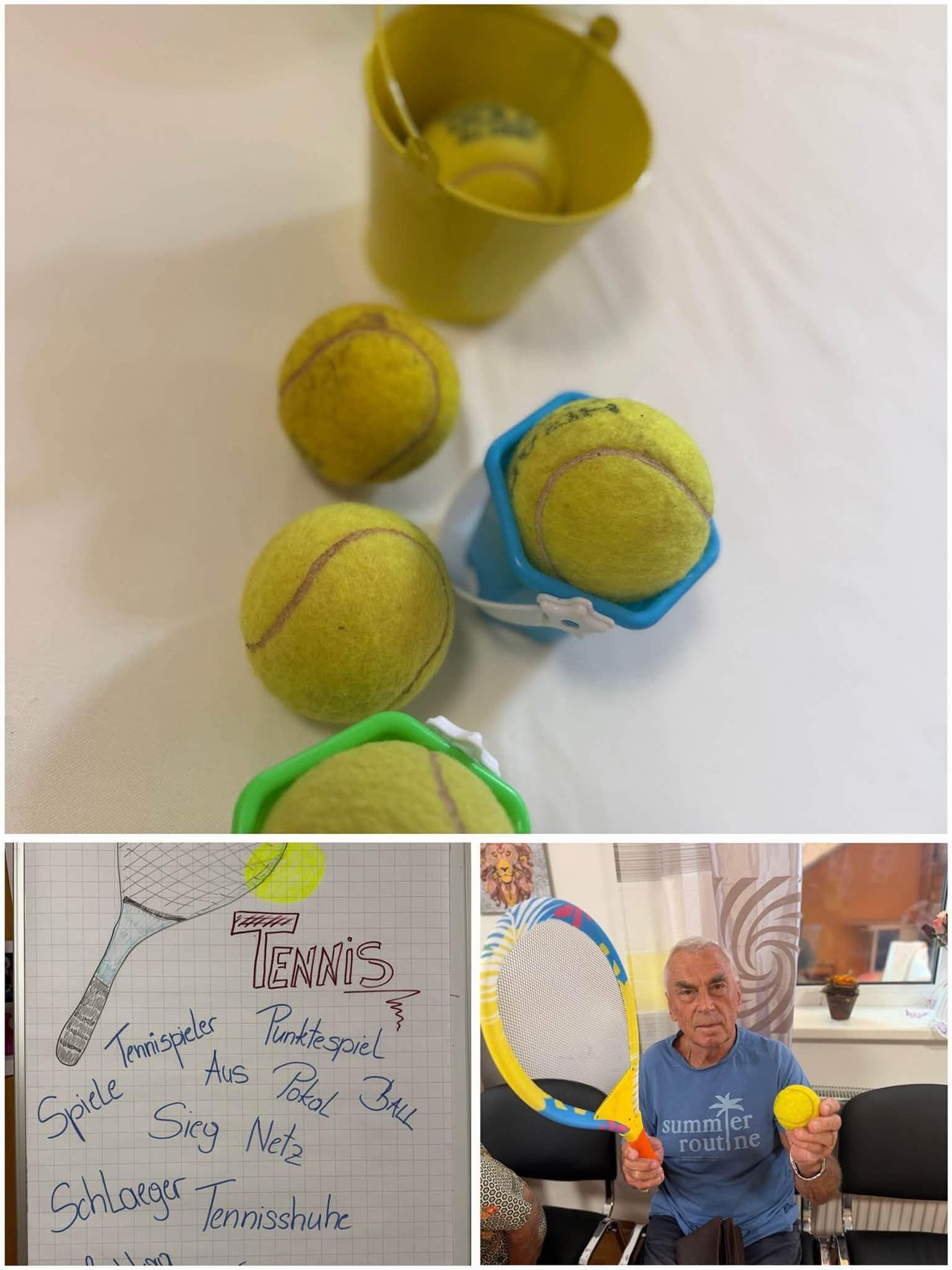 A collage of images featuring tennis balls, a tennis racket, and a man holding a tennis ball. The top image shows three tennis balls on a white surface, one in a blue bucket. The bottom left image displays a drawing of a tennis racket and a ball. The bottom right image shows a man holding a tennis ball.