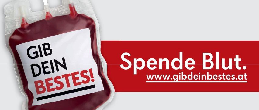Ein Plakat zur Blutspende-Veranstaltung. Es zeigt einen Blutbeutel mit Text auf Deutsch. Die Veranstaltung findet am 6. Juni 2025 von 16:00 bis 20:00 Uhr am Ort des Roten Kreuzes statt.