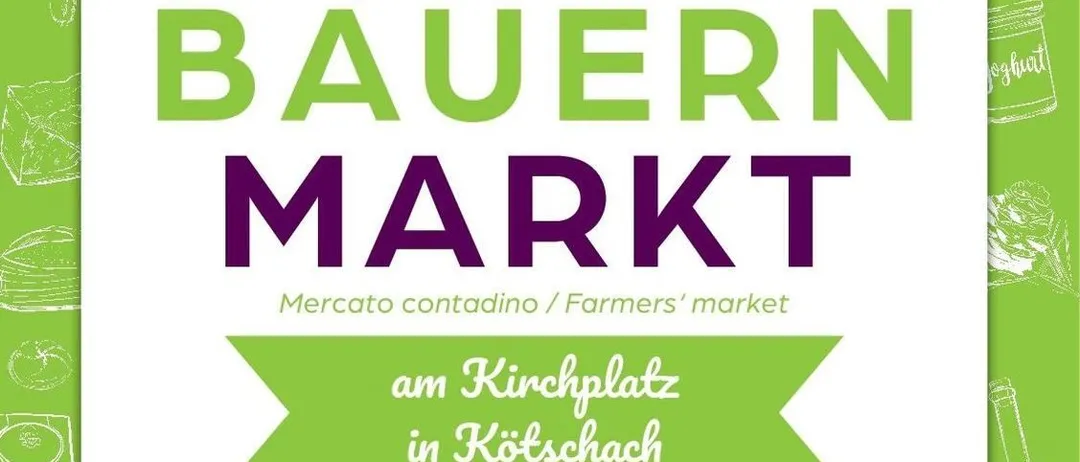 Ein Plakat für einen Bauernmarkt, das verschiedene Lebensmittel wie Gemüse, Fleisch und Getreide zeigt, vor einem grünen Hintergrund. Es enthält Phrasen auf Englisch und Italienisch.